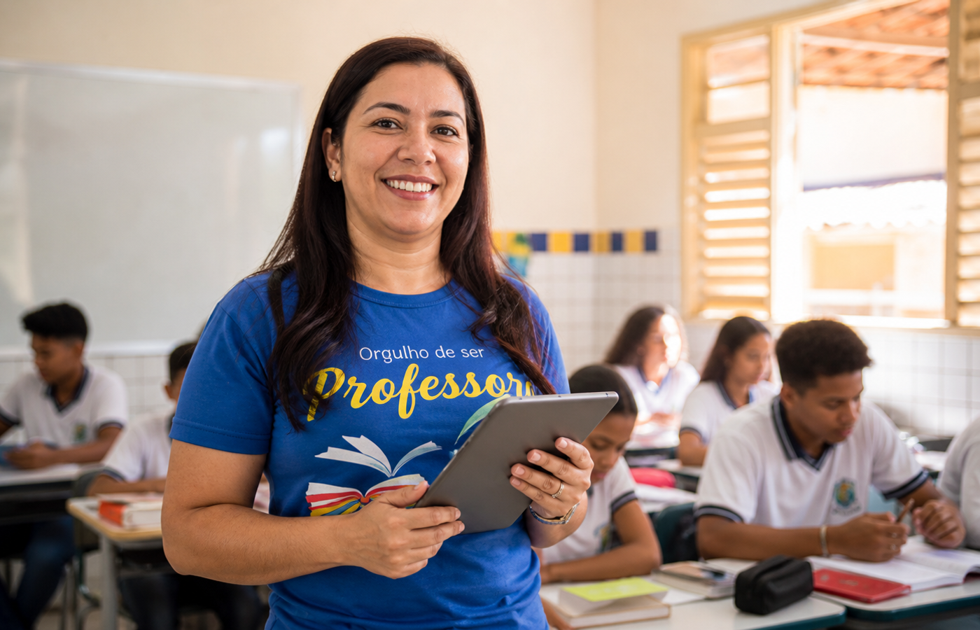 Professora da rede pública do Ceará em sala de aula com tablet em mãos e alunos ao fundo