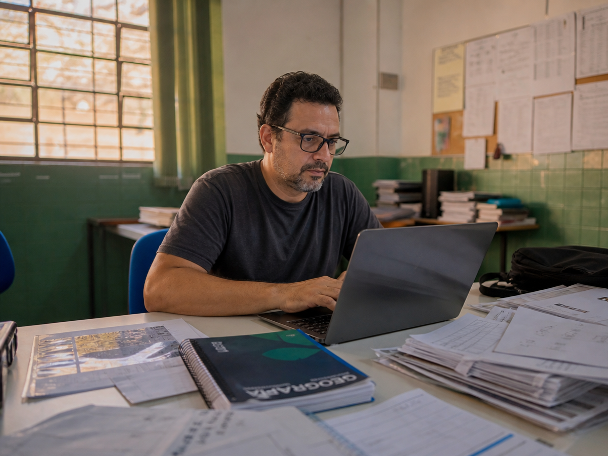 Professor da rede estadual planejando a aula no notebook na sala dos professores